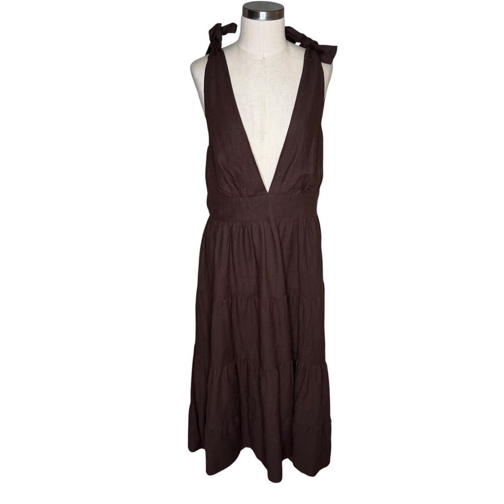 HOUSE OF HARLOW 1960 Midi Dress Brown Linen Blend Tie Strap Women's Size Large